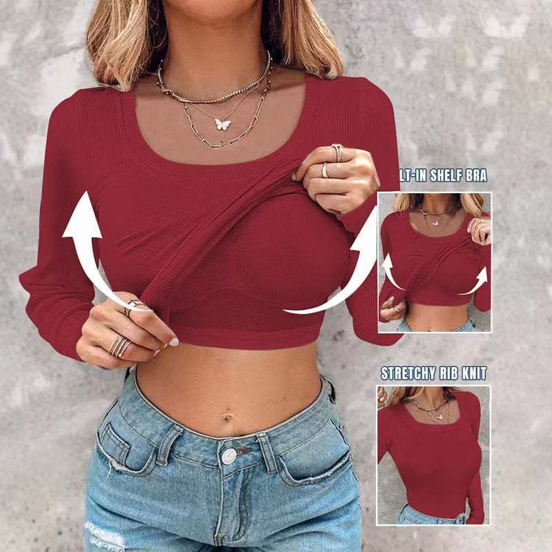 ⏳LAST DAY SALE 70% OFF!🔥Neck Built-in Bra Long Sleeve Ribbed Top Shirts Elegant Skinny Fit Fabric💥