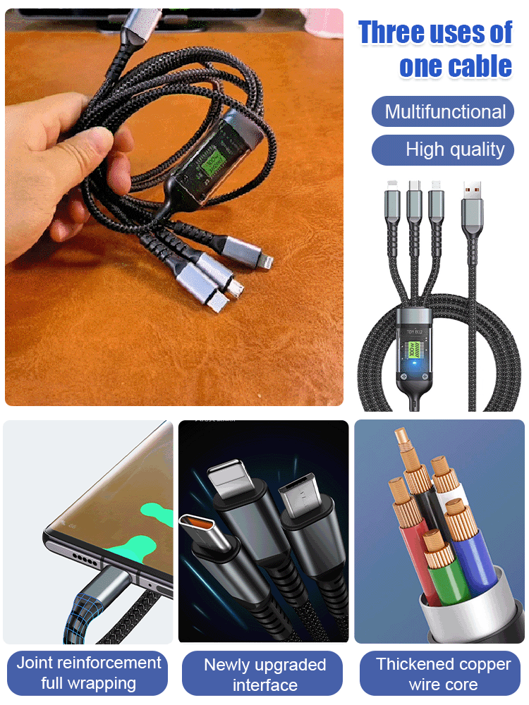 ⚡Limited time sale 50% discount!! ✨Transparent luminous 100w Super fast charging three-in-one data cable