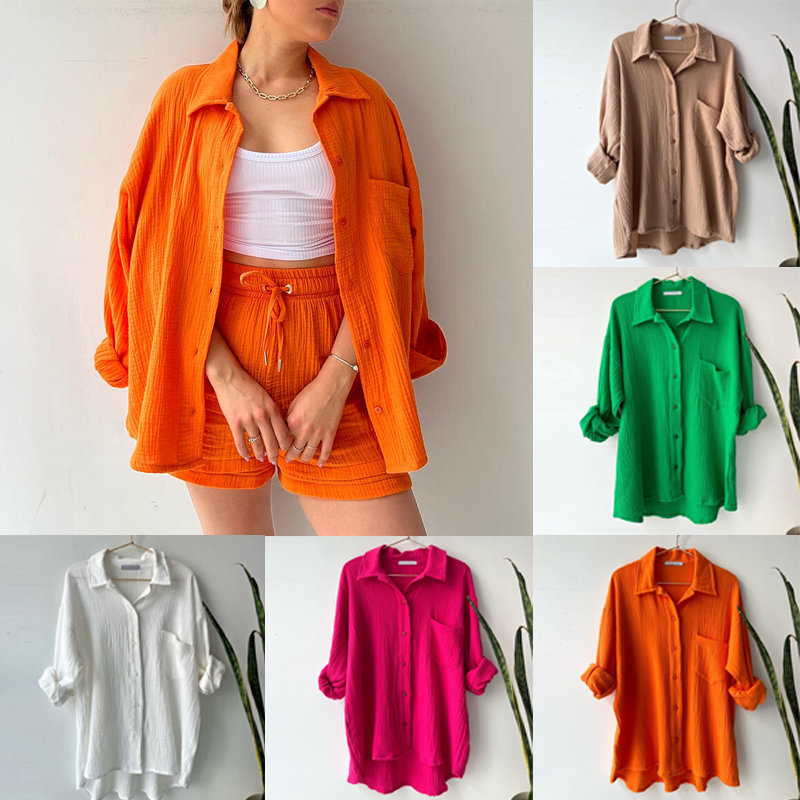 🔥Long Sleeve Solid Color Shirt Shorts Set