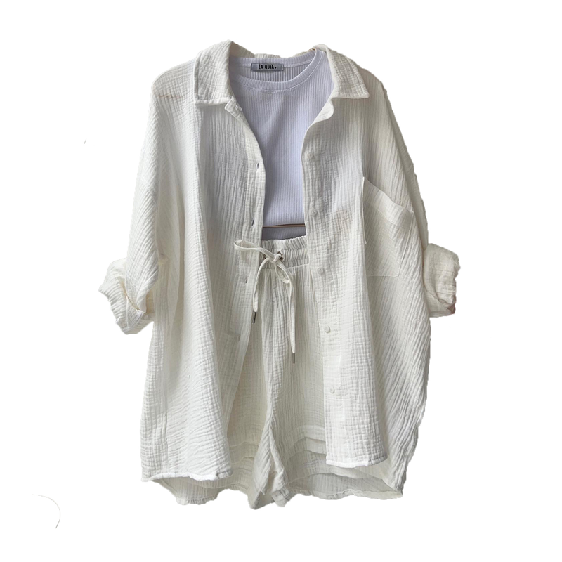 🔥Long Sleeve Solid Color Shirt Shorts Set