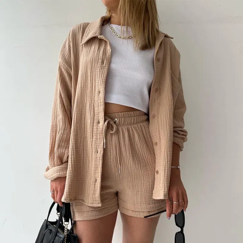 🔥Long Sleeve Solid Color Shirt Shorts Set