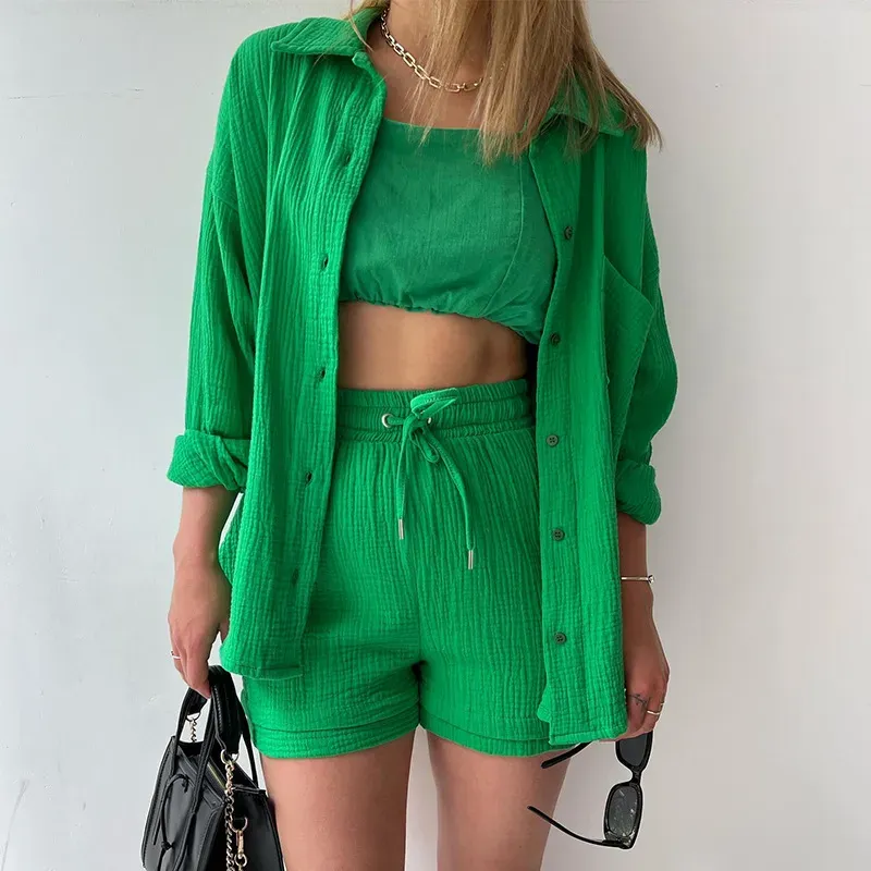 🔥Long Sleeve Solid Color Shirt Shorts Set