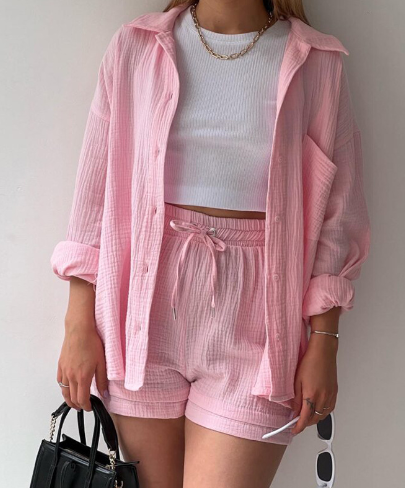 🔥Long Sleeve Solid Color Shirt Shorts Set