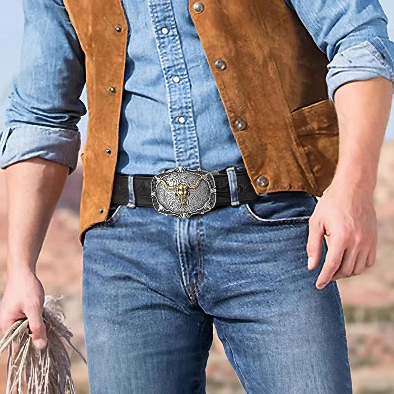 Men's Retro Bull Head Embossed Leather Belt