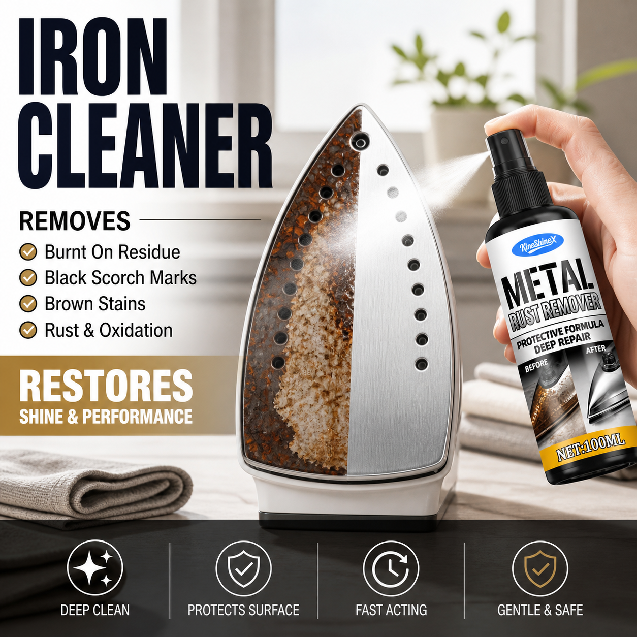 Iron Cleaner✨ Dissolve limescale & stains, restore smooth soleplate for effortless ironing.🔥 Iron Rust Removal & Polishing Spray