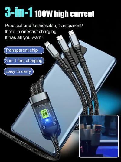 ⚡Limited time sale 50% discount!! ✨Transparent luminous 100w Super fast charging three-in-one data cable