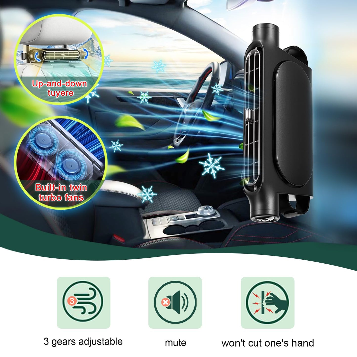 Car Seat Fan USB Plug-in Dual Turbo High Wind Power Car Interior Rear Pillow Car Fan with Independent Switch & Adjustable Air Outlet for Personalized Comfort
