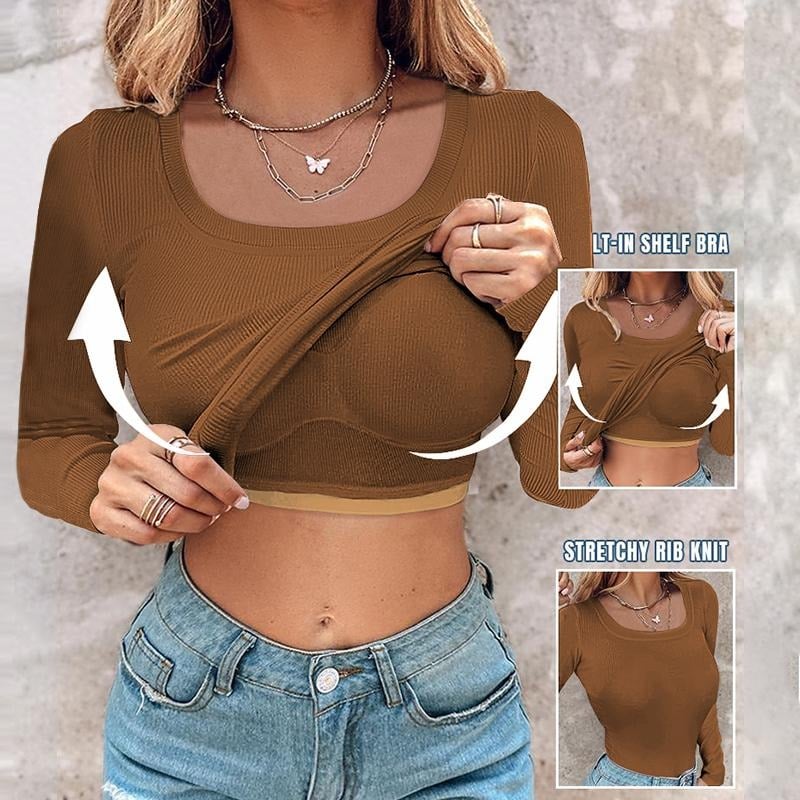 ⏳LAST DAY SALE 70% OFF!🔥Neck Built-in Bra Long Sleeve Ribbed Top Shirts Elegant Skinny Fit Fabric💥