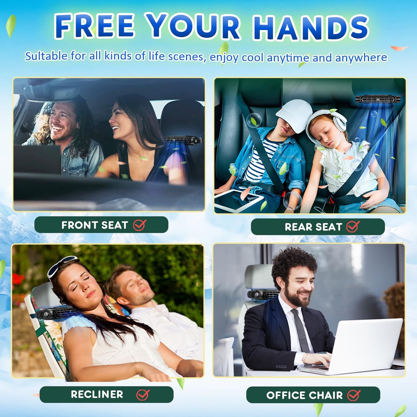 Car Seat Fan USB Plug-in Dual Turbo High Wind Power Car Interior Rear Pillow Car Fan with Independent Switch & Adjustable Air Outlet for Personalized Comfort