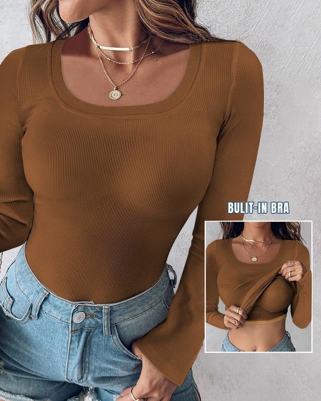 ⏳LAST DAY SALE 70% OFF!🔥Neck Built-in Bra Long Sleeve Ribbed Top Shirts Elegant Skinny Fit Fabric💥