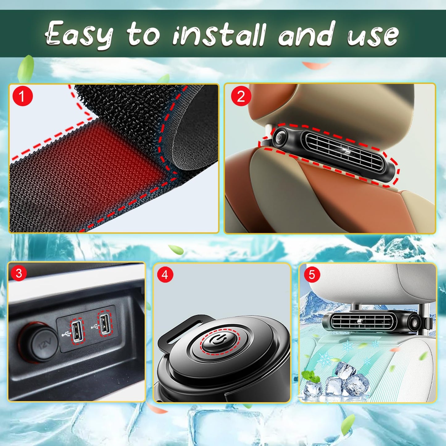 Car Seat Fan USB Plug-in Dual Turbo High Wind Power Car Interior Rear Pillow Car Fan with Independent Switch & Adjustable Air Outlet for Personalized Comfort