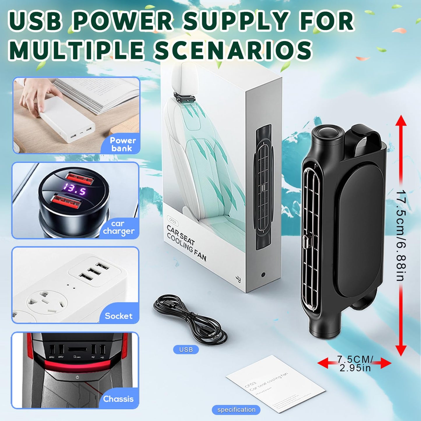 Car Seat Fan USB Plug-in Dual Turbo High Wind Power Car Interior Rear Pillow Car Fan with Independent Switch & Adjustable Air Outlet for Personalized Comfort