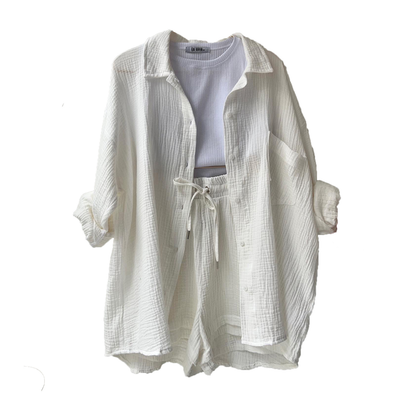 🔥Long Sleeve Solid Color Shirt Shorts Set