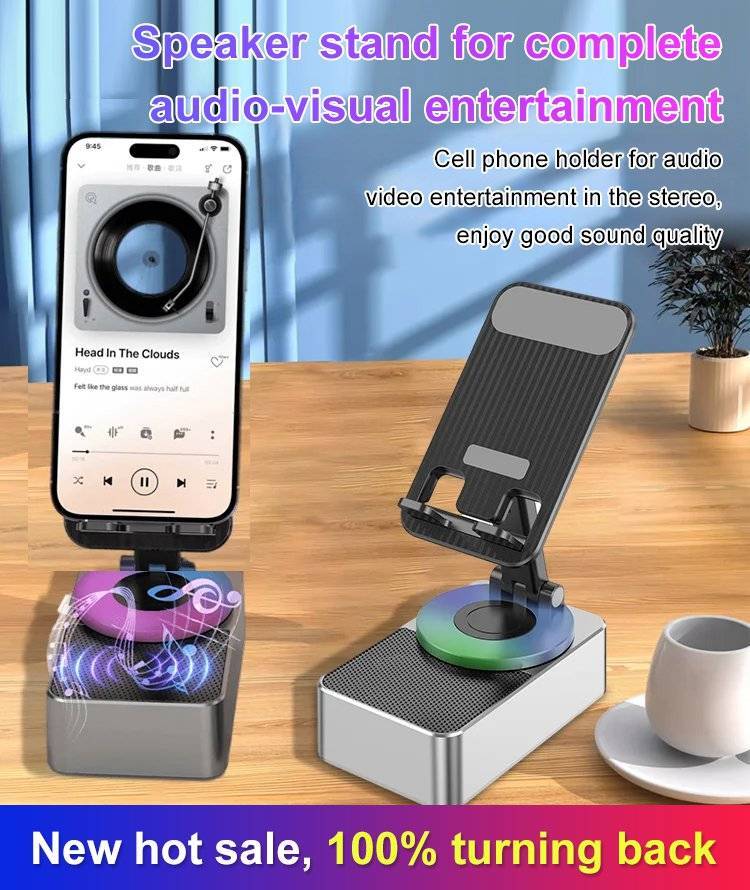🎵🔋Wireless Audio Bluetooth Speaker 5in1 Phone Holder Emergency Rechargeable with Colorful Ambient Light 360° Foldable for Tablet iPhone Android Best Gift for Women or Men Adjustable Rotatable