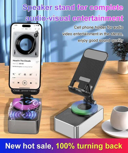 🎵🔋Wireless Audio Bluetooth Speaker 5in1 Phone Holder Emergency Rechargeable with Colorful Ambient Light 360° Foldable for Tablet iPhone Android Best Gift for Women or Men Adjustable Rotatable