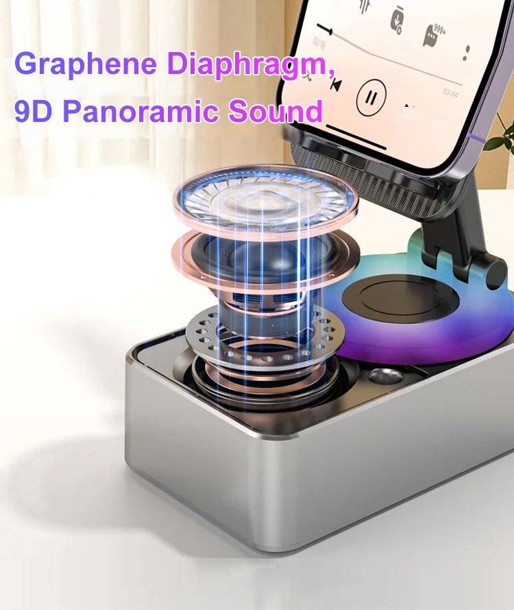 🎵🔋Wireless Audio Bluetooth Speaker 5in1 Phone Holder Emergency Rechargeable with Colorful Ambient Light 360° Foldable for Tablet iPhone Android Best Gift for Women or Men Adjustable Rotatable