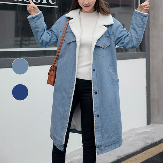 Women's Long Lapel Denim Coat with Cotton Lining