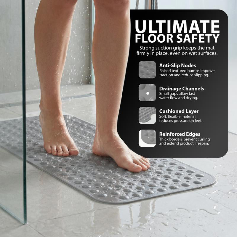 ZENO Bath Mat 100x40cm | Non-Slip Anti-Mould | 200 Suction Cups with Drain Holes | Large Rubber | Machine Washable & Durable