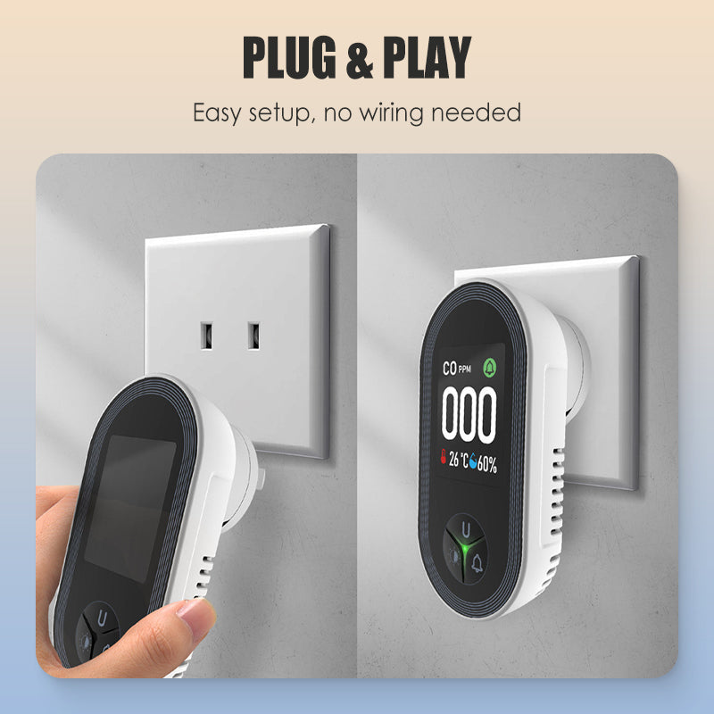 4-in-1 Display Remind,Plug in with Temperature Humidity Sensor Built-in,with DualSensor,Air Safety Remind with Clear Display Sound &Light for Homes,Kitchens,Apartments,RVs