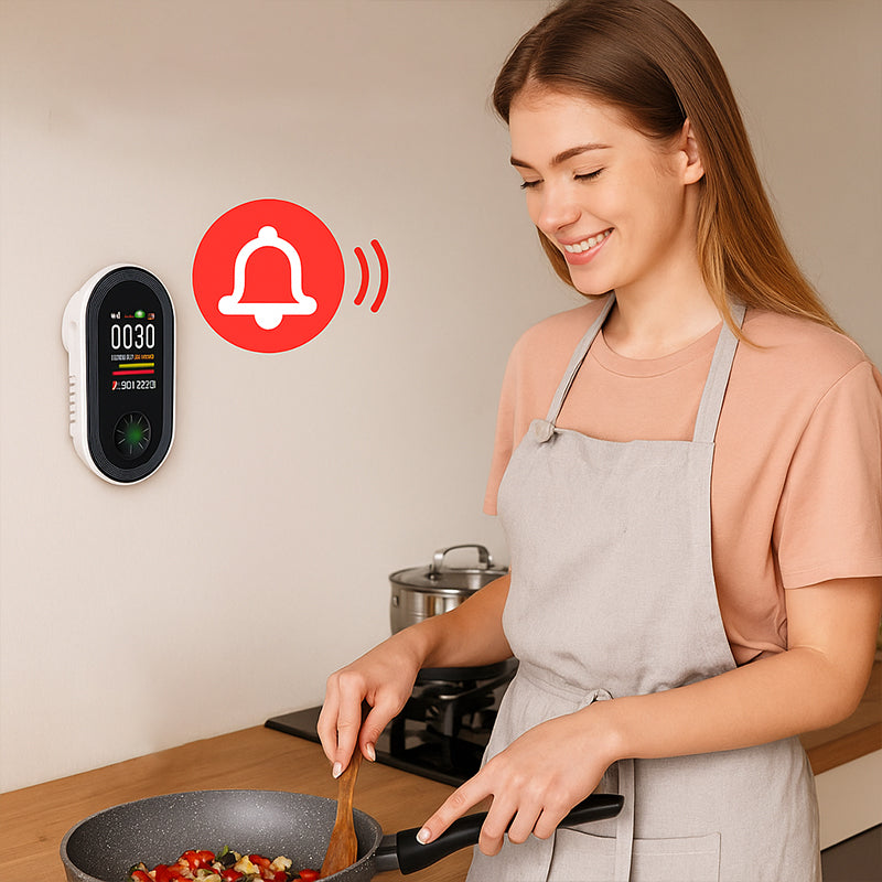 4-in-1 Display Remind,Plug in with Temperature Humidity Sensor Built-in,with DualSensor,Air Safety Remind with Clear Display Sound &Light for Homes,Kitchens,Apartments,RVs