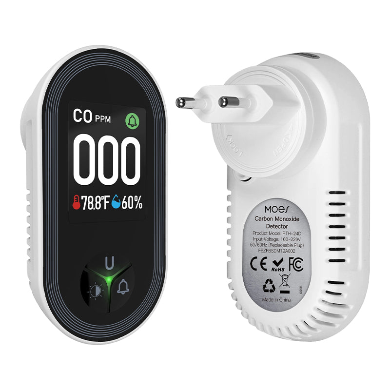 4-in-1 Display Remind,Plug in with Temperature Humidity Sensor Built-in,with DualSensor,Air Safety Remind with Clear Display Sound &Light for Homes,Kitchens,Apartments,RVs