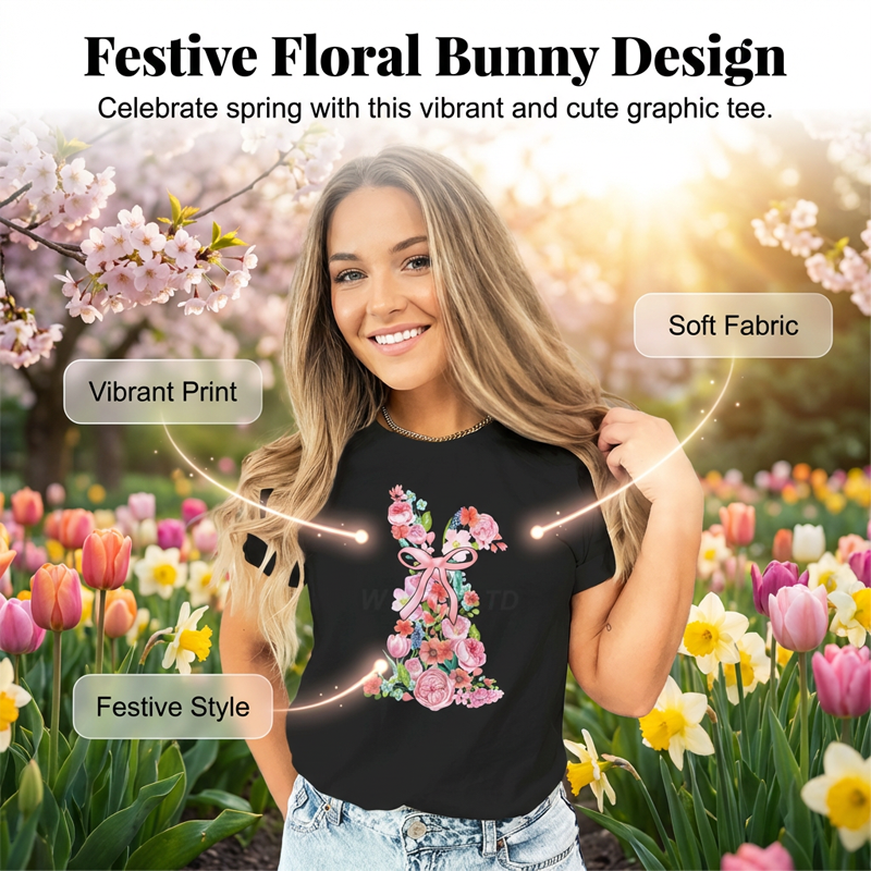Women's Easter Floral Bunny Graphic T-Shirt