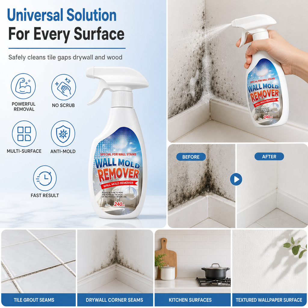 🔥50% OFF NOW! Wall mold & mildew remover spray 240ml, quick stain removal for painted walls & wallpaper 🧱✨✅💥
